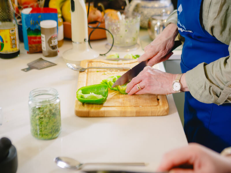 Chopping green peppers